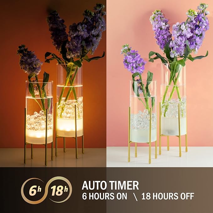 Flower Vase for Decor, Clear Vase with Gold Stand, Modern Decorative with Timer LED Lights Battery Operated, Centerpiece/Wedding/Party (Set of 2)