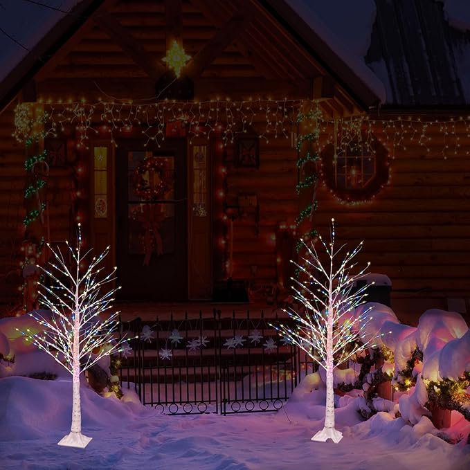 2pack 4FT 240 LED Christmas Birch Tree Multicplor Lights with Twinkle Lights, Twinkling or Steady Function for Selected, Birch Tree with LED Lights for Indoor Outdoor Christmas Tree Decorations