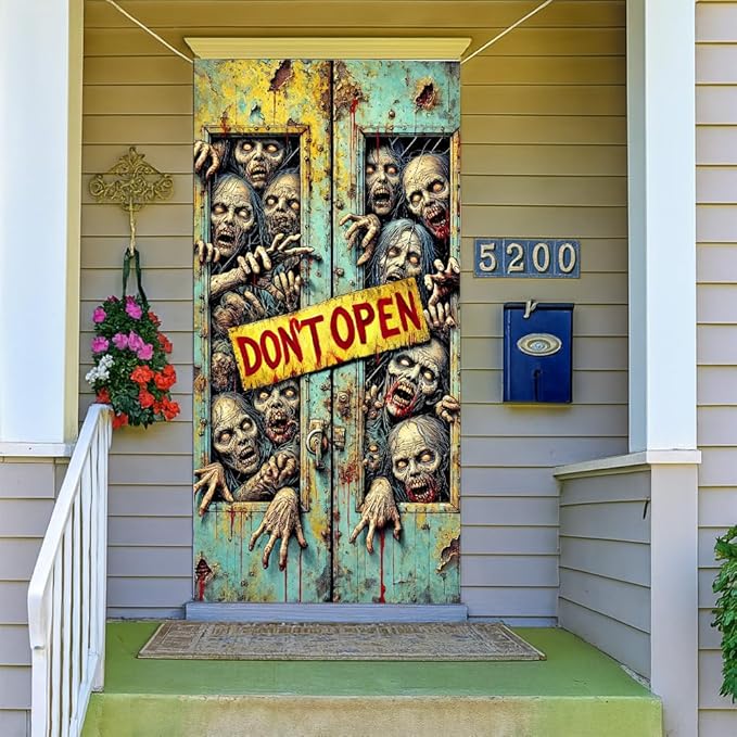 2D flat Zombie Don't Open Halloween Door Decorations Scary Door Banner Indoor Outdoor Horror Door Cover for Haunted House 71x35 Inch