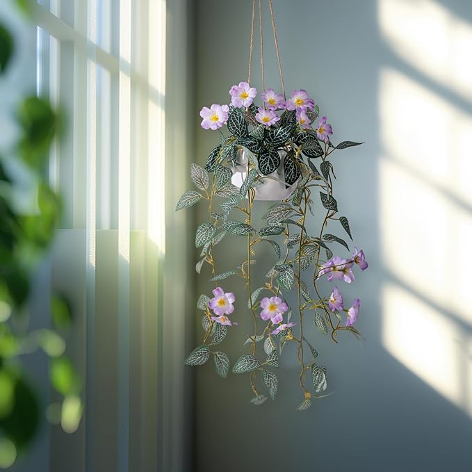 2PCS Artificial Hanging Plant with Pot Faux Hanging Plants Small Hanging Plants Pot with Artificial Vines and Flower Greenery Decoration for Living Room Wall Home Wall Shelf (Purple)