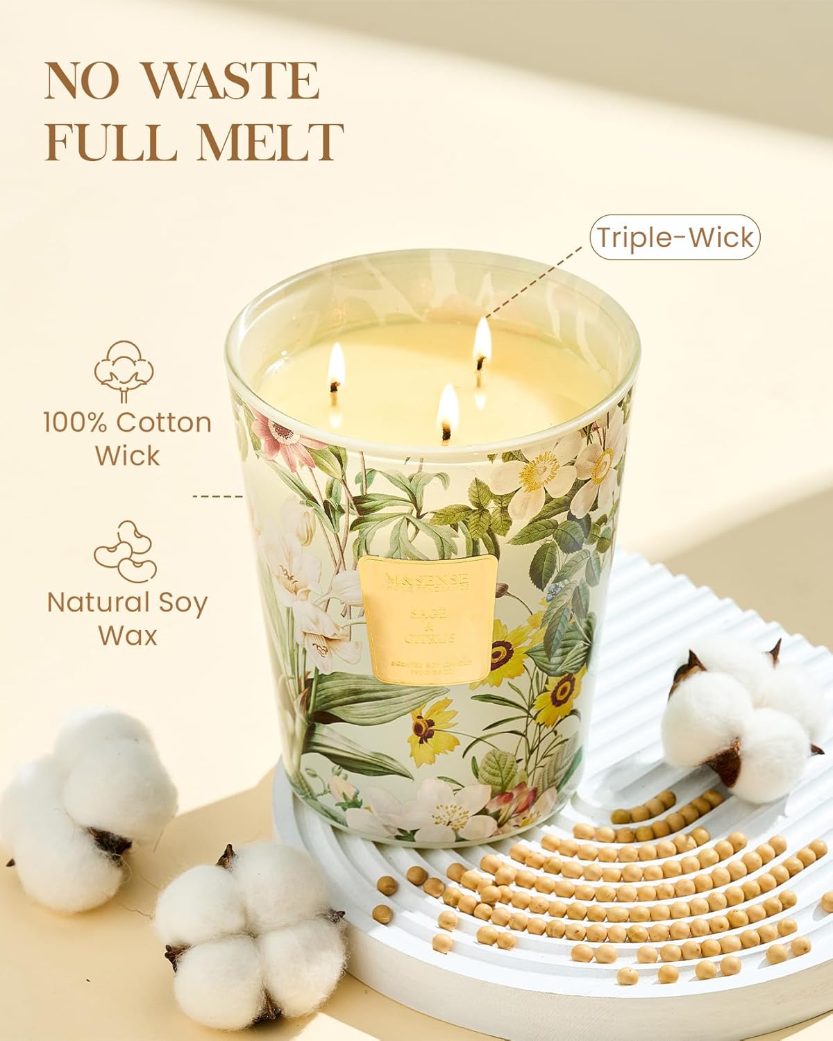 M&SENSE Extra Large Candle Sage Citrus Scented, 3-Wick 35oz 150H Long Lasting, Natural Soy Wax Aromatherapy Fall Winter Candle for Stress Relief, Home Fragrance Housewarming Gifts