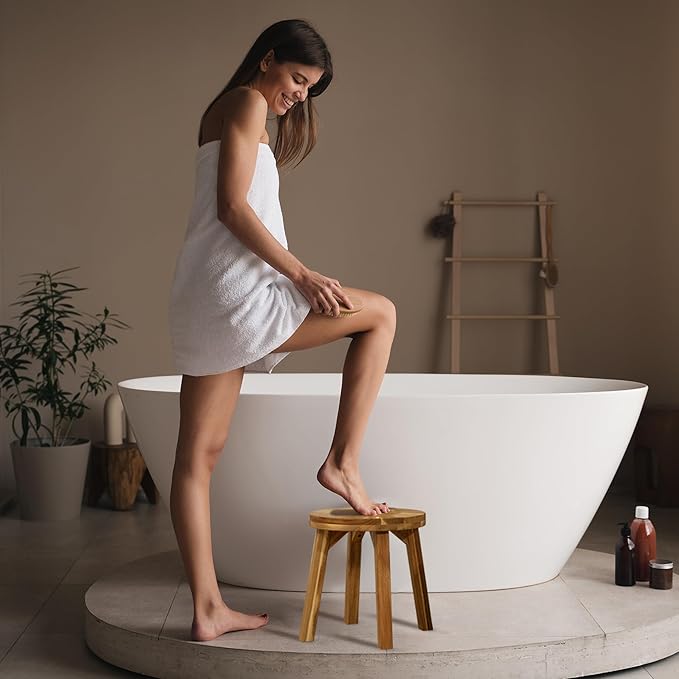 Round Stool Acacia Wood, 12" Height, 11" Round Top, Backless, Easy Assembly, Natural Wax Finish, Wooden Stool for Plant, Dining Room, Living Room, Garden, Makeup