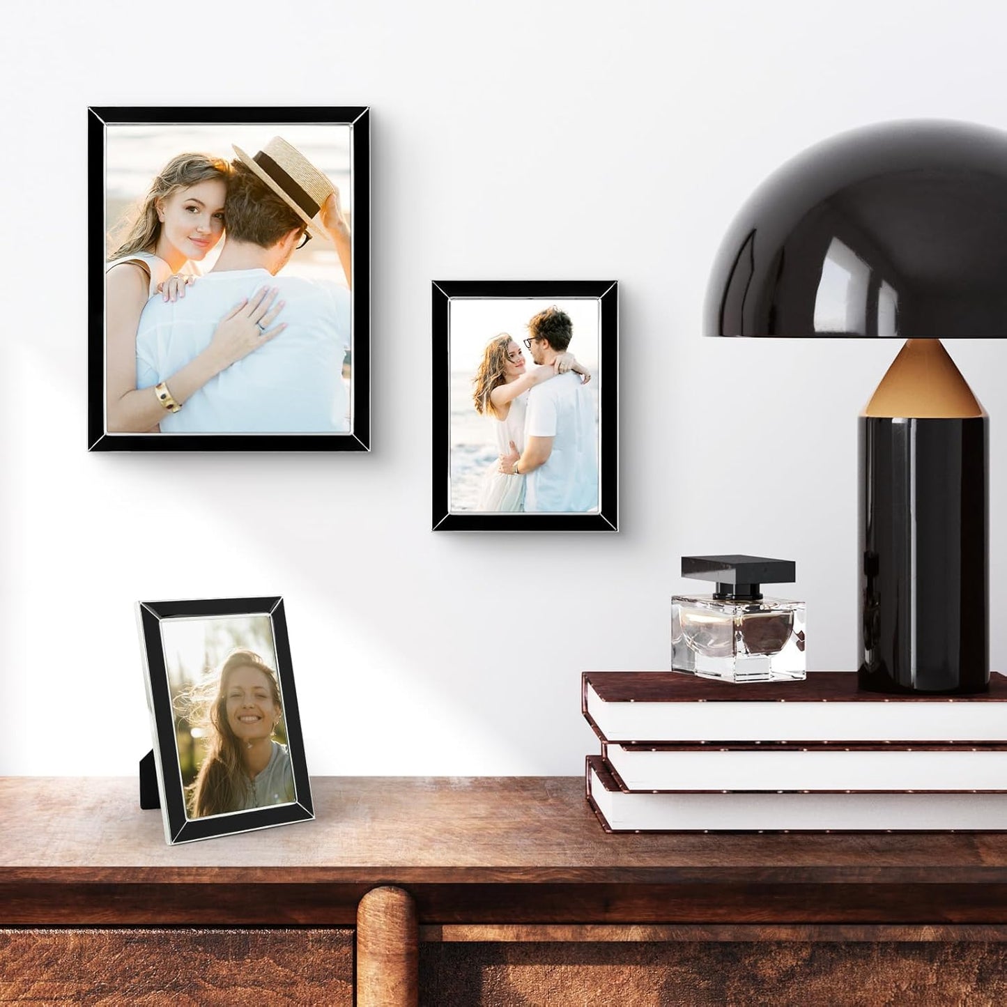 Frametory Enamel Picture Frame - 5x7 Silver Metal Edge Black Enamel Picture Frame With Easel and Velvet Back for Tabletop Display, Bookshelf, 5x7 Wall Decoration, Photo Frames, Picture Display-2 Set