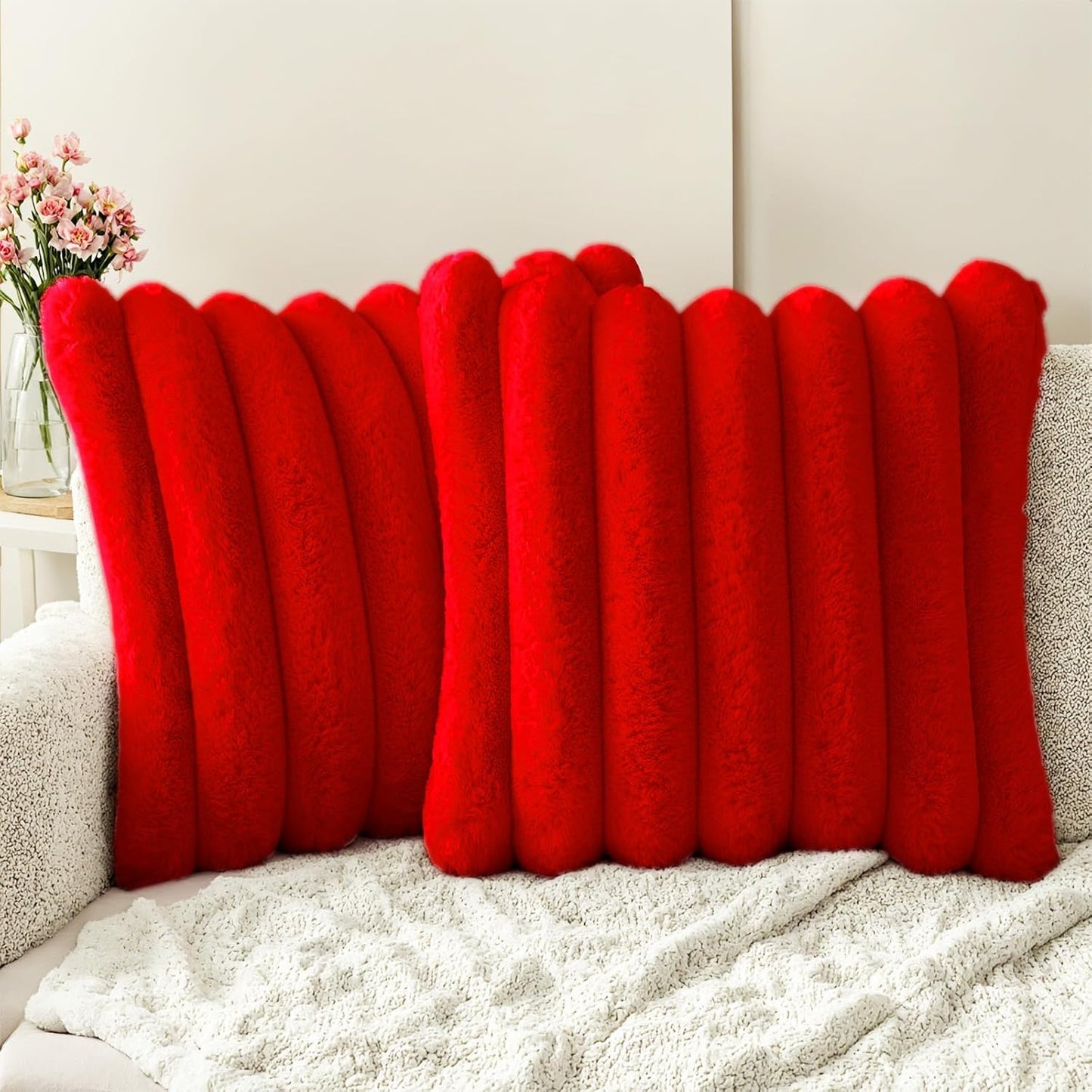 HAUSSY Faux Fur Throw Pillow Covers 18x18 Inch Set of 2,Decorative Striped Neutral Pillow Cases Soft Plush Couch Pillow Covers,Home Decor for Sofa,Bed, Living Room,Red