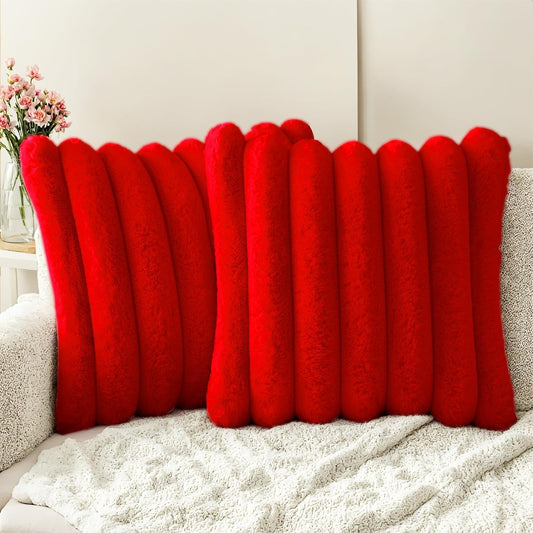 HAUSSY Faux Fur Throw Pillow Covers 18x18 Inch Set of 2,Decorative Striped Neutral Pillow Cases Soft Plush Couch Pillow Covers,Home Decor for Sofa,Bed, Living Room,Red