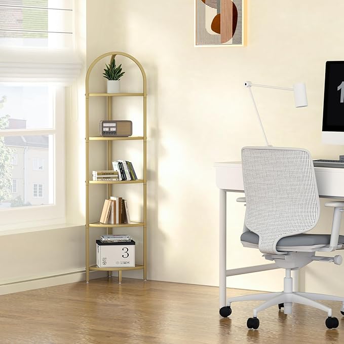 Homhedy 5-Tier Corner Shelf Stand, Metal Corner Bookshelf, Tempered Glass Shelves, Bathroom Storage Rack Shelf, Plant Stand, Modern Style, Golden