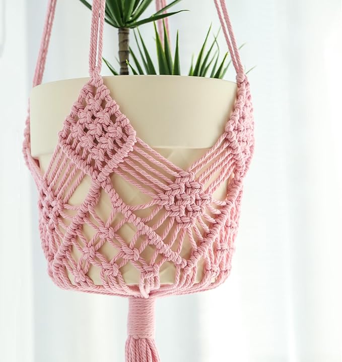 Hanging Planter with Patterns,2Packs Macrame Plant Hangers Indoor Macrame for up to 8 inch Pot Crochet Boho Plant Hanger Holder for Indoor Outdoor with 2S Shaped Stainless Steel Hooks (Pearl Pink)