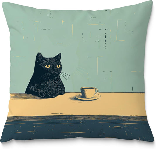 Black Cat Throw Pillow Covers 18x18, Aesthetic Black Cat Art Painting Decor Pillow Covers, Vintage Cats Drinking Coffee Decor for Room Bedroom