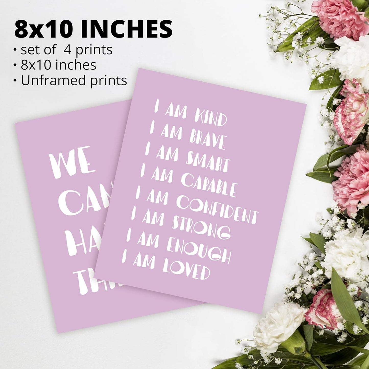 I am Kind Brave Smart Affirmations Purple Sun Sunshine Hearts Poster Prints for Girls Kids Room Playroom Decor,Girl Nursery Decorations Prints Wall Art Unframed 4pcs 8x10inches,Girls Kids Gifts