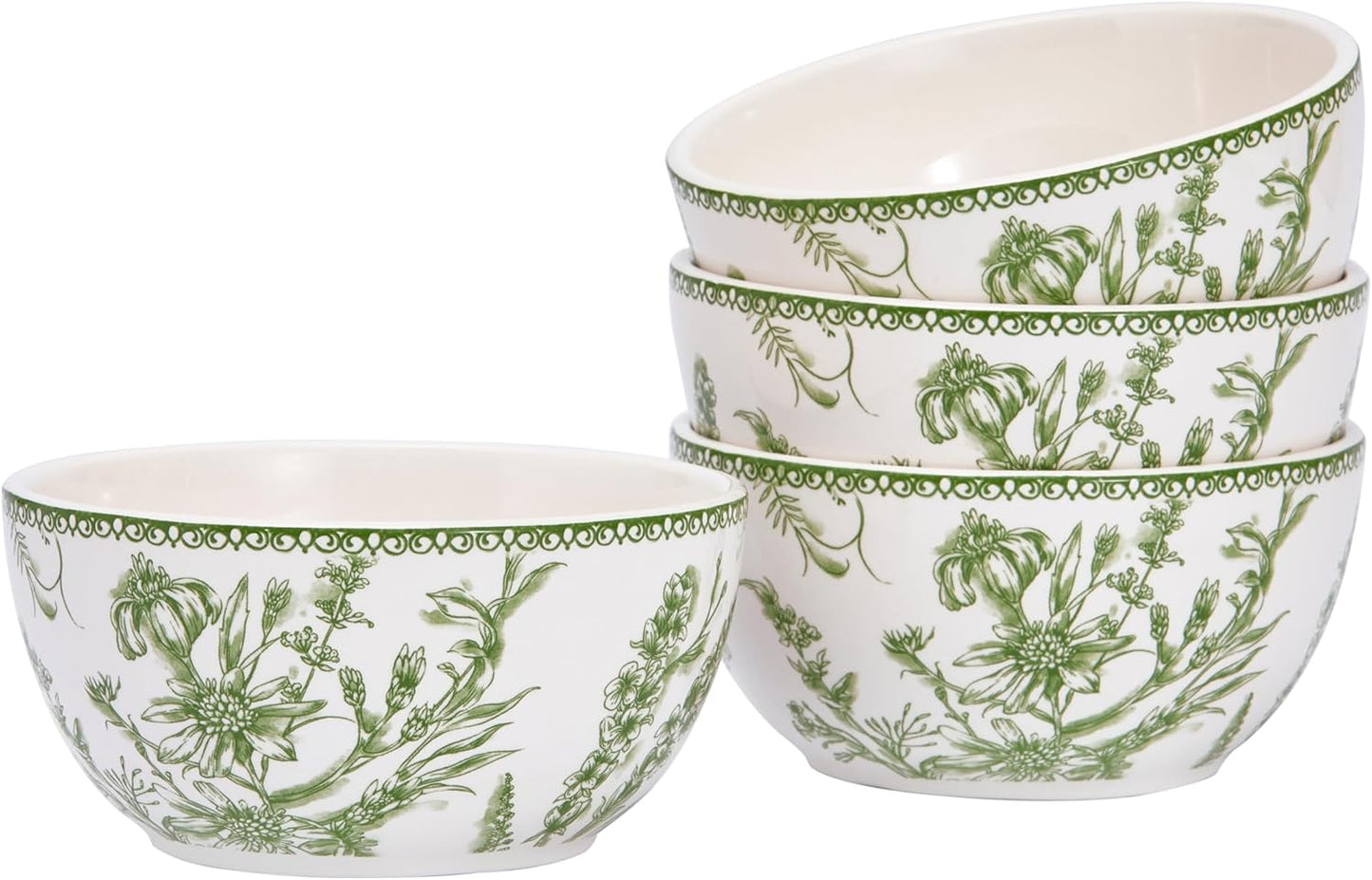 Bico Green Garden Toile De Jouy Cereal Bowls Set of 4, 26 oz Deep Ceramic Soup Bowls for Cereal, Salad, Noodles, Kitchen, Microwave and Dishwasher Safe, Gift for Housewarming and Thanksgiving