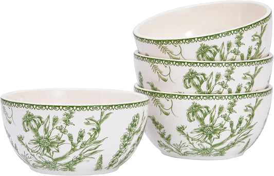 Bico Green Garden Toile De Jouy Cereal Bowls Set of 4, 26 oz Deep Ceramic Soup Bowls for Cereal, Salad, Noodles, Kitchen, Microwave and Dishwasher Safe, Gift for Housewarming and Thanksgiving