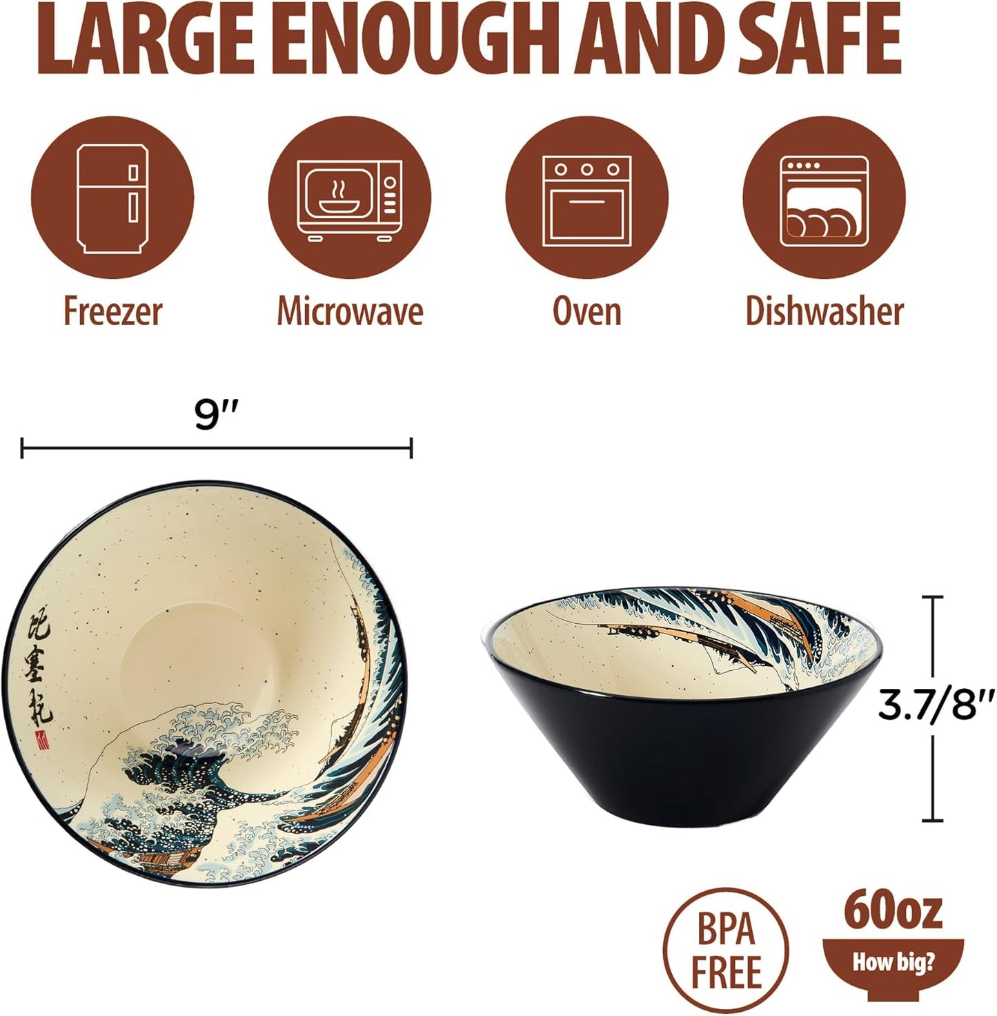 Japanese Ramen Bowl Set with Great Wave Design - 60oz Large Ceramic Bowls, Spoons, Chopsticks for Ramen, Pho, Salad, Poke - Premium Gift for Ramen Lovers - Microwave & Dishwasher Safe