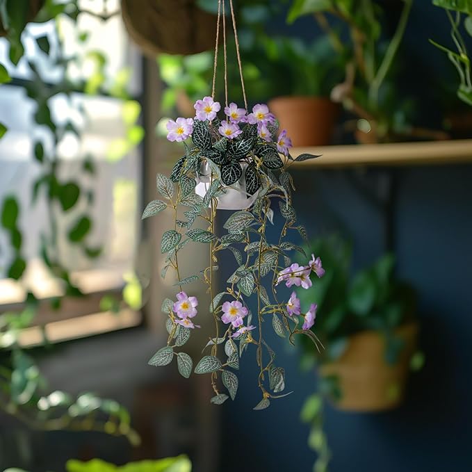 2PCS Artificial Hanging Plant with Pot Faux Hanging Plants Small Hanging Plants Pot with Artificial Vines and Flower Greenery Decoration for Living Room Wall Home Wall Shelf (Purple)