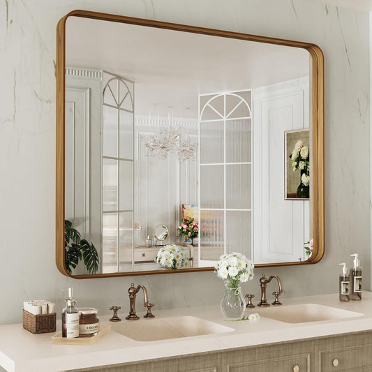 LOAAO 40X36 Inch Bathroom Mirror with Wood Grain Colored Metal Frame, Rounded Rectangle Metal Framed Bathroom Mirror, Anti-Rust, Hangs Horizontally or Vertically, Tempered Glass