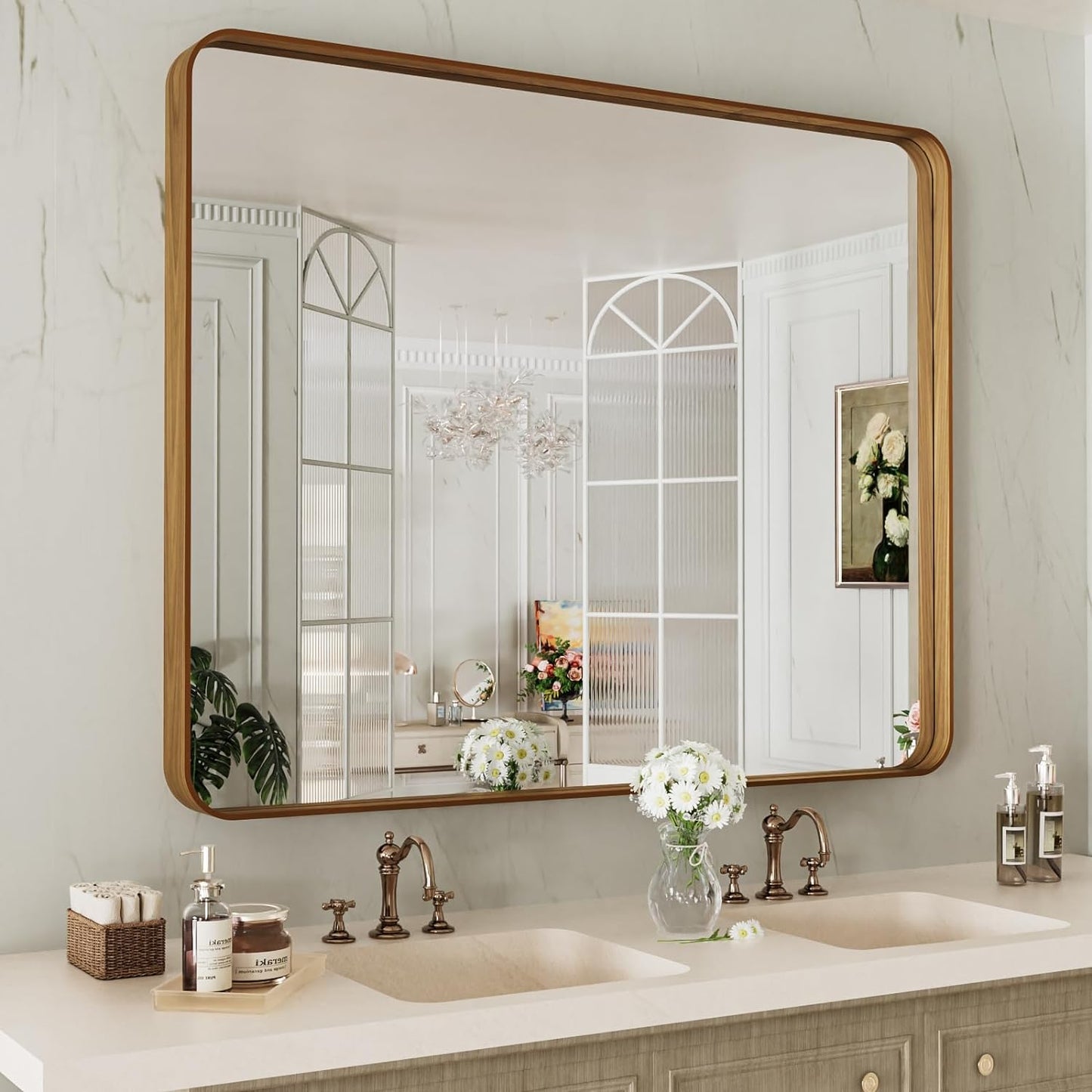 LOAAO 40X30 Inch Bathroom Mirror with Wood Grain Colored Metal Frame, Rounded Rectangle Metal Framed Bathroom Mirror, Anti-Rust, Hangs Horizontally or Vertically, Tempered Glass