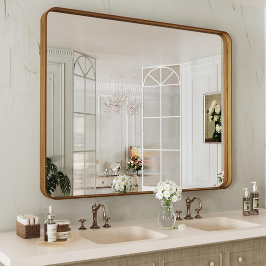 LOAAO 40X30 Inch Bathroom Mirror with Wood Grain Colored Metal Frame, Rounded Rectangle Metal Framed Bathroom Mirror, Anti-Rust, Hangs Horizontally or Vertically, Tempered Glass