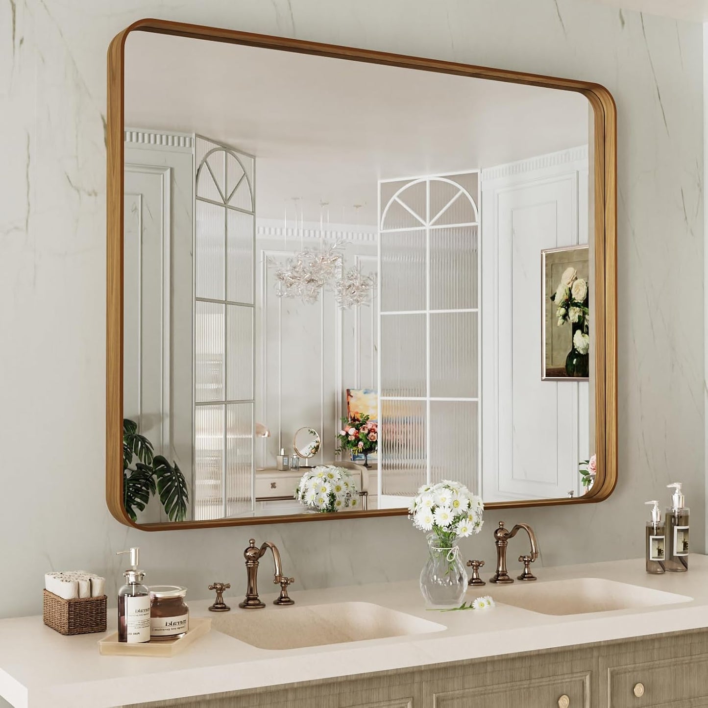 LOAAO 40X32 Inch Bathroom Mirror with Wood Grain Colored Metal Frame, Rounded Rectangle Metal Framed Bathroom Mirror, Anti-Rust, Hangs Horizontally or Vertically, Tempered Glass