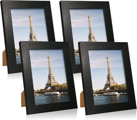 iRahmen 5x7 Picture Frame Set of 4, Black Wooden Frame with High Definition Glass, 5 x 7 Photo Frames for Tabletop Display and Wall Mounting