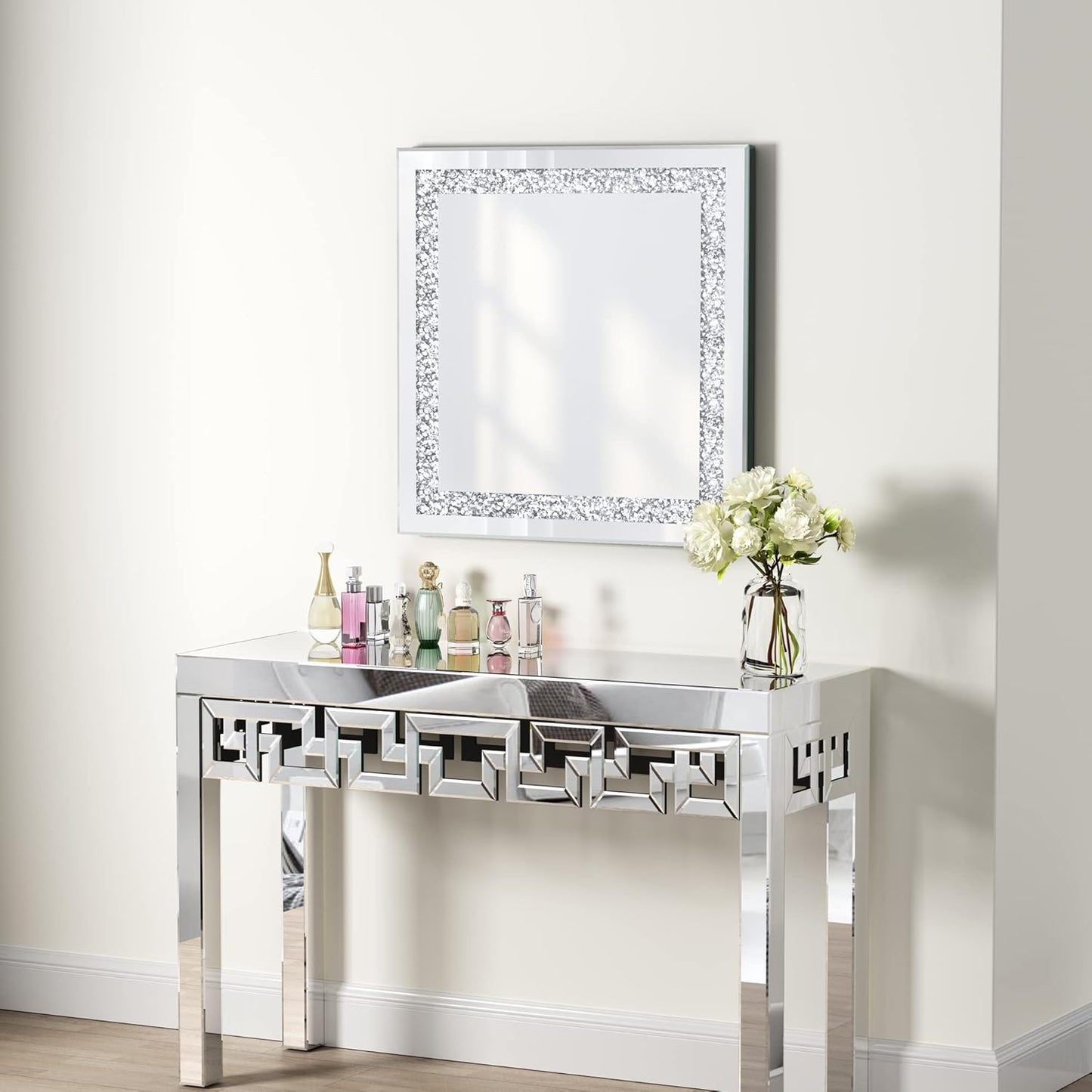 Crystal Decorative Mirror-16 x20 Rectangle Gorgeous Silver Mirror, Crush Diamond Mirror for Wall Decoration Bedroom, Hallway, Dining Room