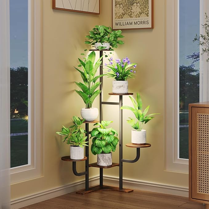 Corner Plant Stand with Grow Light - 6 Tier Plant Stand Indoor Round Metal Plant Shelf with Adjustable Light, Plant Organizer for Living Room, Graden, Home Decor (Brown)