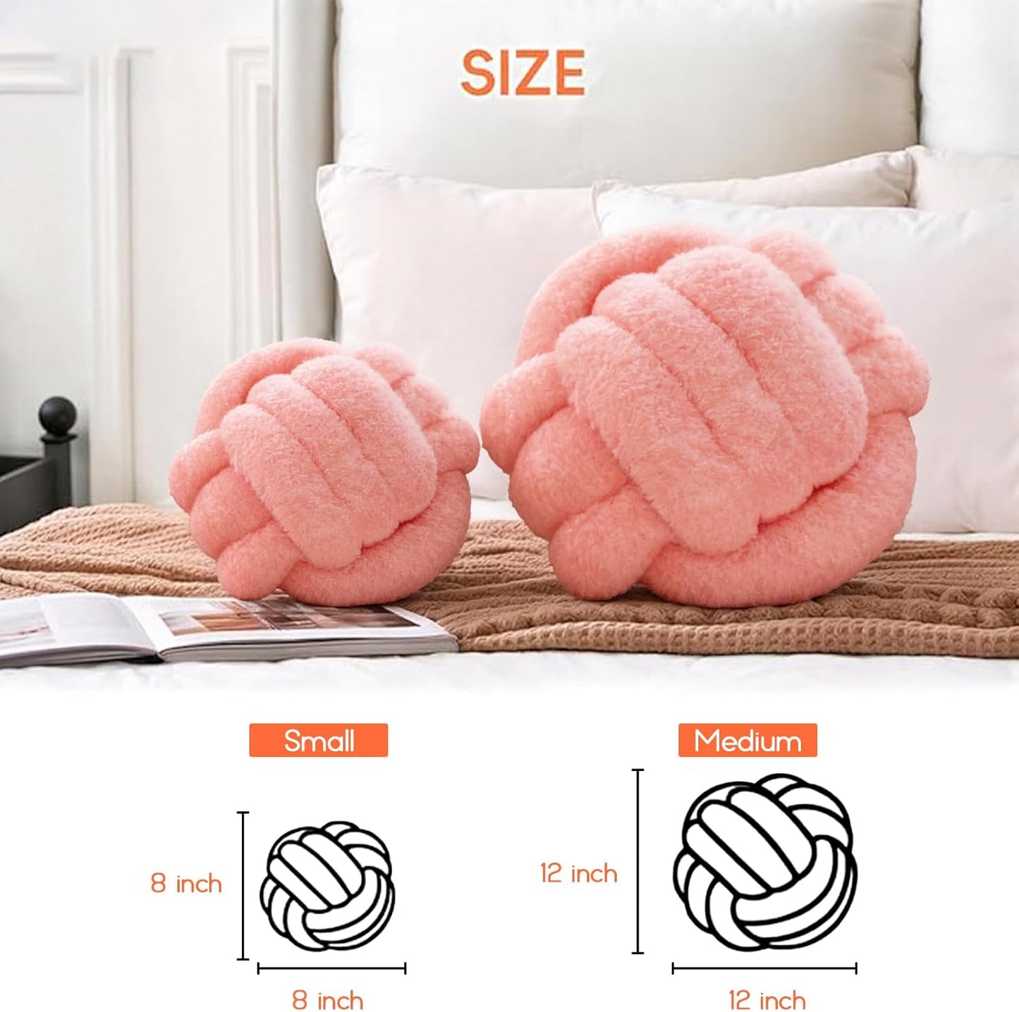 Knot Pillow Ball Plush - Decorative Throw Pillows for Bed Relieve Stress, Round Knot Cushion for Sofa Decor Pet Toy, Pink 8 inch