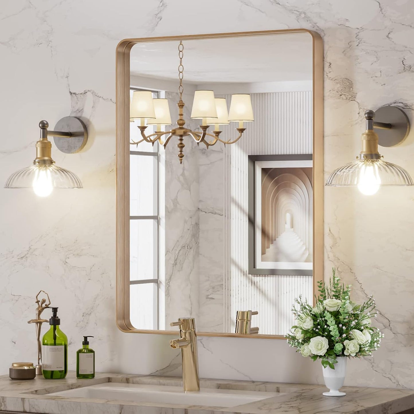 LOAAO 22”X30” Gold Bathroom Mirror, Rounded Rectangle Gold Frame Mirror, Brushed Gold Bathroom Vanity Mirror Wall-Mounted, Anti-Rust, Hangs Horizontally or Vertically