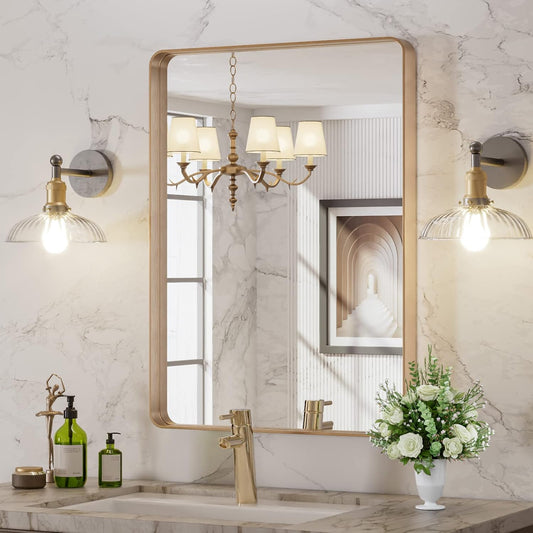 LOAAO 22”X30” Gold Bathroom Mirror, Rounded Rectangle Gold Frame Mirror, Brushed Gold Bathroom Vanity Mirror Wall-Mounted, Anti-Rust, Hangs Horizontally or Vertically