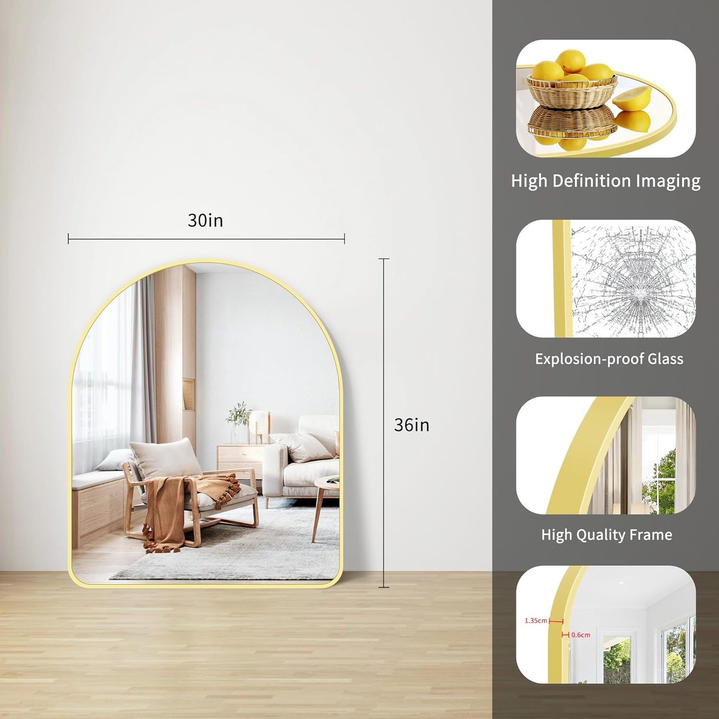 FORBATH Arched Bathroom Mirror 30x36 Inch, Arch Wall Mirror with Gold Aluminum Frame, Arched Mirror for Dresser, Fireplace,Entryway,Home Decor,Hanging or Leaning Against Wall