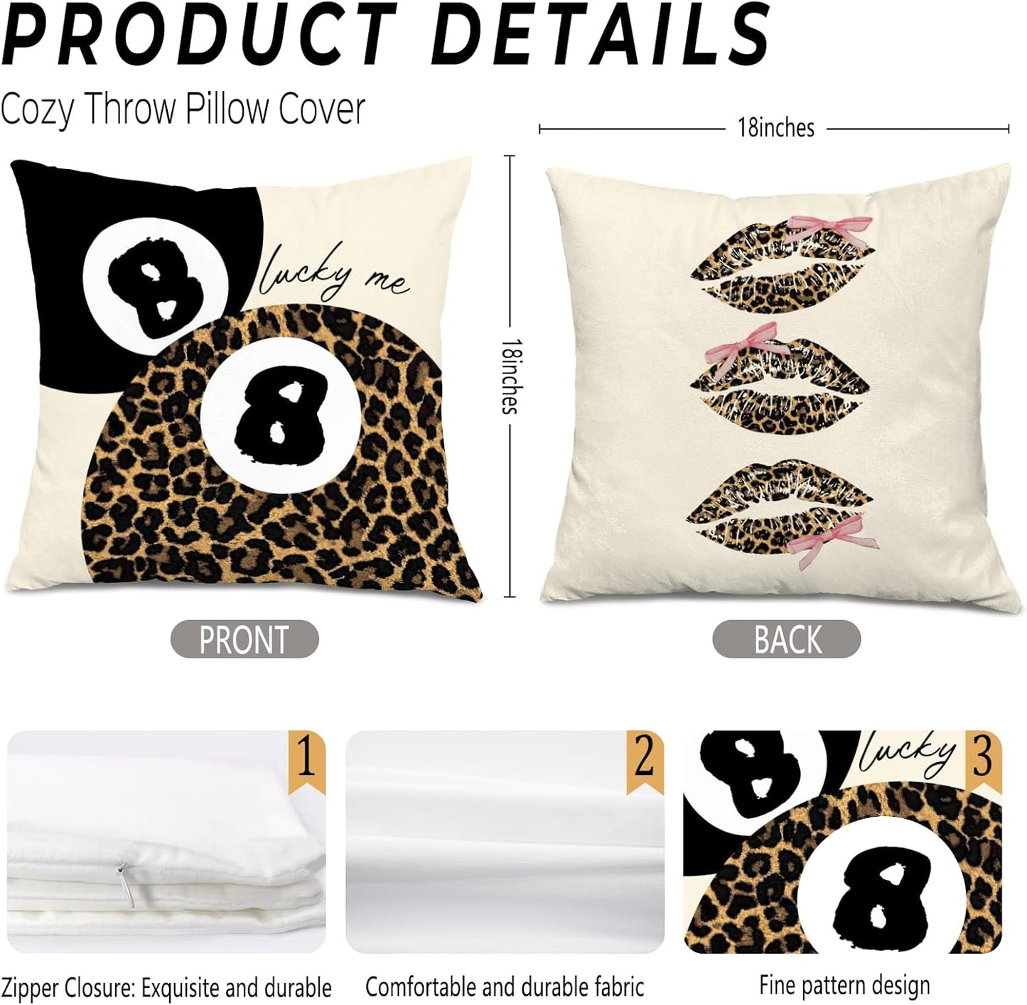 Coquette Pink Bow Leopard Print Lips Lucky 8 Ball Throw Pillow Covers 18x18, Cheetah Room Decor, Funky Y2K Leopard Print Decorative Pillow Covers for Girls Room Dorm Apartment Home