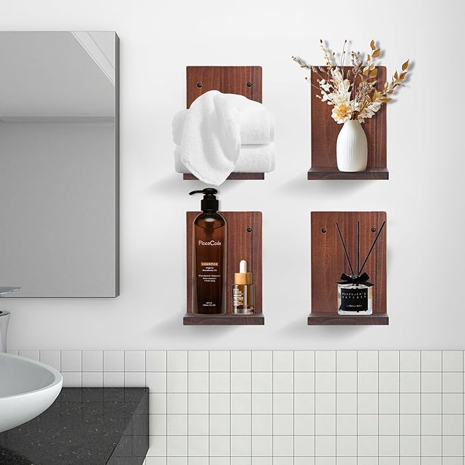 Small Wall Shelf,L-Shaped Small Floating Shelves for Plants Speaker Table Lamp Display,Wooden Ledges Indoor Modern Midcentury Decorative for Gallery Living Room Porch,Pine,2 Pack(Rustic Walnut)