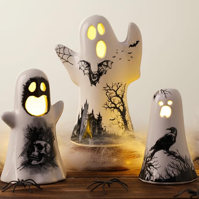 3 Pcs Ceramic Ghost Light up Decor Halloween Spooky Ghost Skull Decorations Indoor Gothic Vintage White Spider Web, Crow Raven Tabletop Decorations for Home Figurines Holiday Party