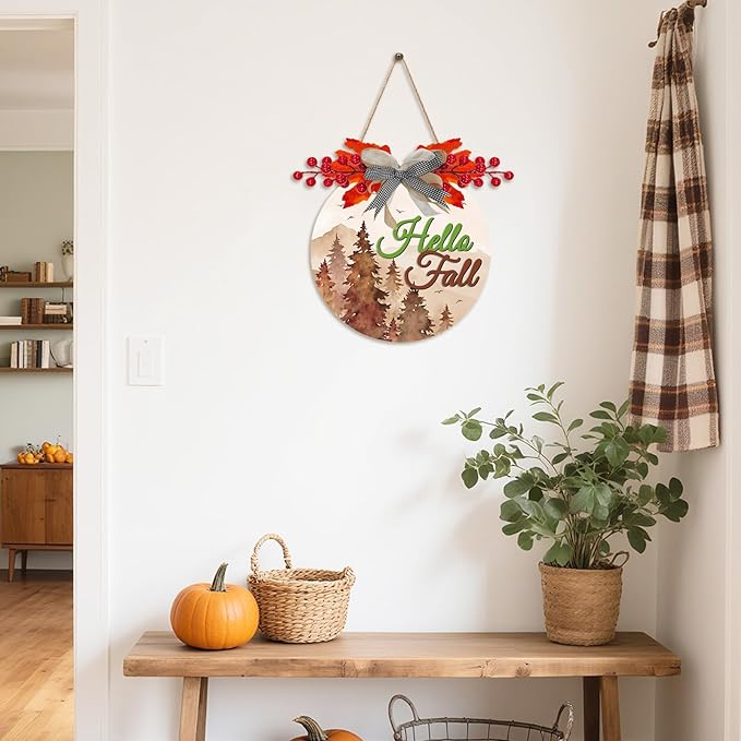 3D Hello Fall Door Sign,Fall Wreath for Front Door,Welcome Autumn Porch Sign,Thanksgiving Day Harvest Wall Decoration,Autumn Forest Maple Leaves Wood Decor for Home Farmhouse Yard Outdoor