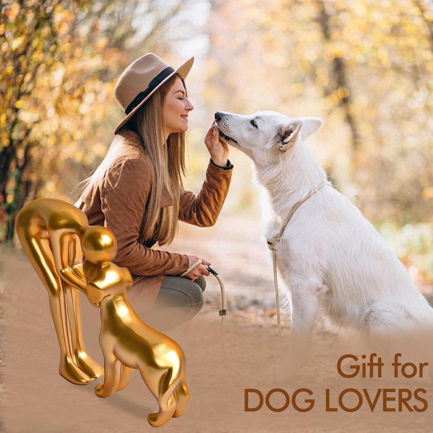 Cute Pet Sculpture Home Decor Man and Dog Statue Decoration for Office、Living Room、Bedroom、Home， Memory Gifts for Dog Lovers (Golden)