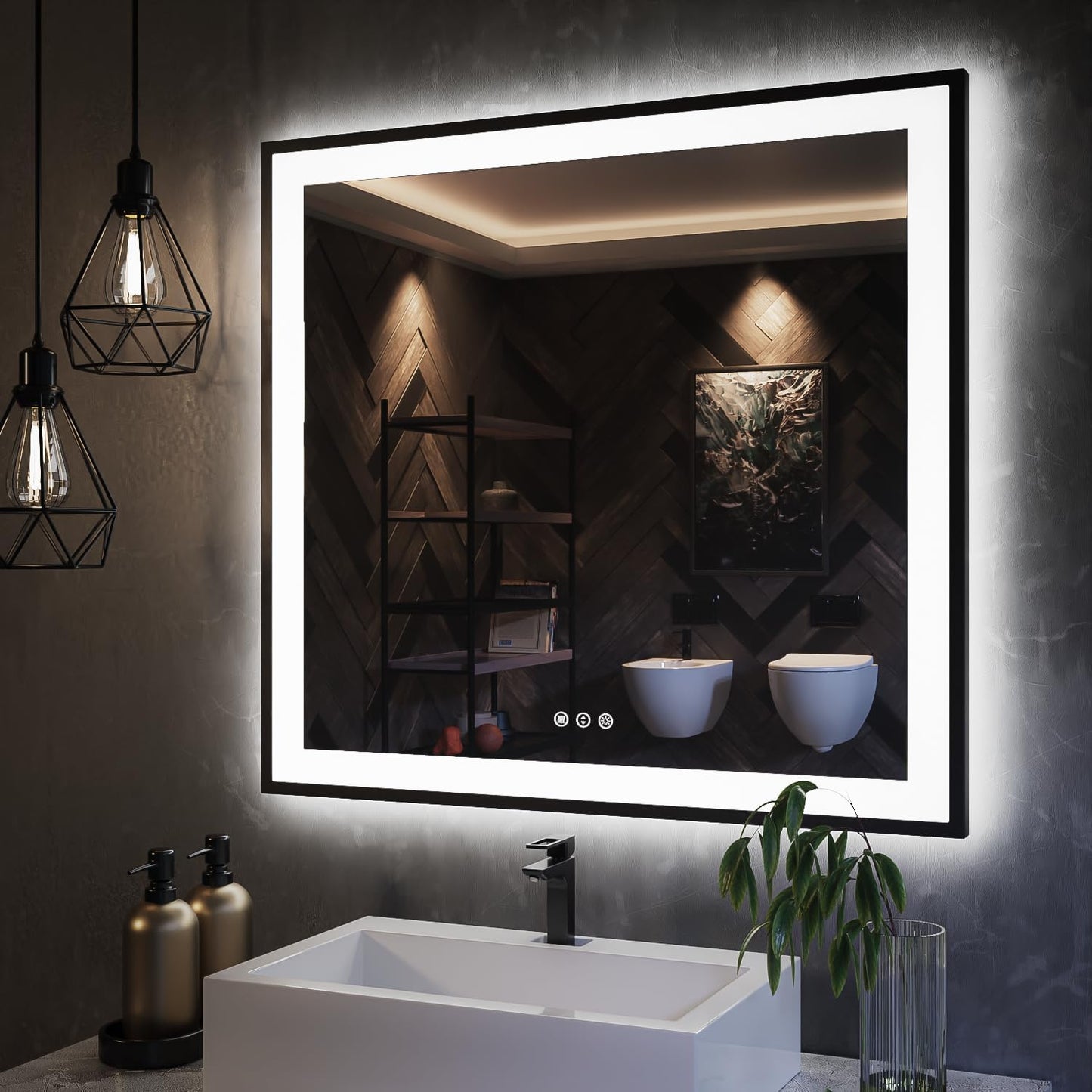 ISKM Framed LED Mirror for Bathroom 36"x36", Dimmable LED Bathroom Mirror with Lights, Anti-Fog, Front and Backlit Lighted Mirror 3-Colors, Shatterproof, Memory Function