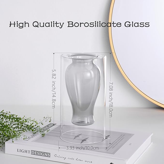 ZENS Unique Smokey Small Flower Vase, Modern Floating Decorative Vase, Double Hollow Cool Glass Hand Blown Bud Vase for Home Small Bouquet, Wedding Centerpieces