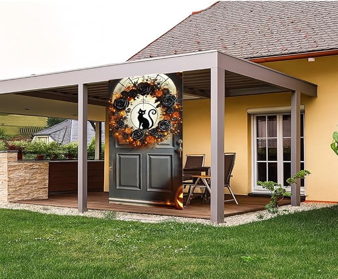 2D flat Halloween Pumpkin Black Cat Door Cover – Spooky Door Banner for October Front Porch Party, Christmas Themed Hanging Decorations for Indoor, 71x35 Inch