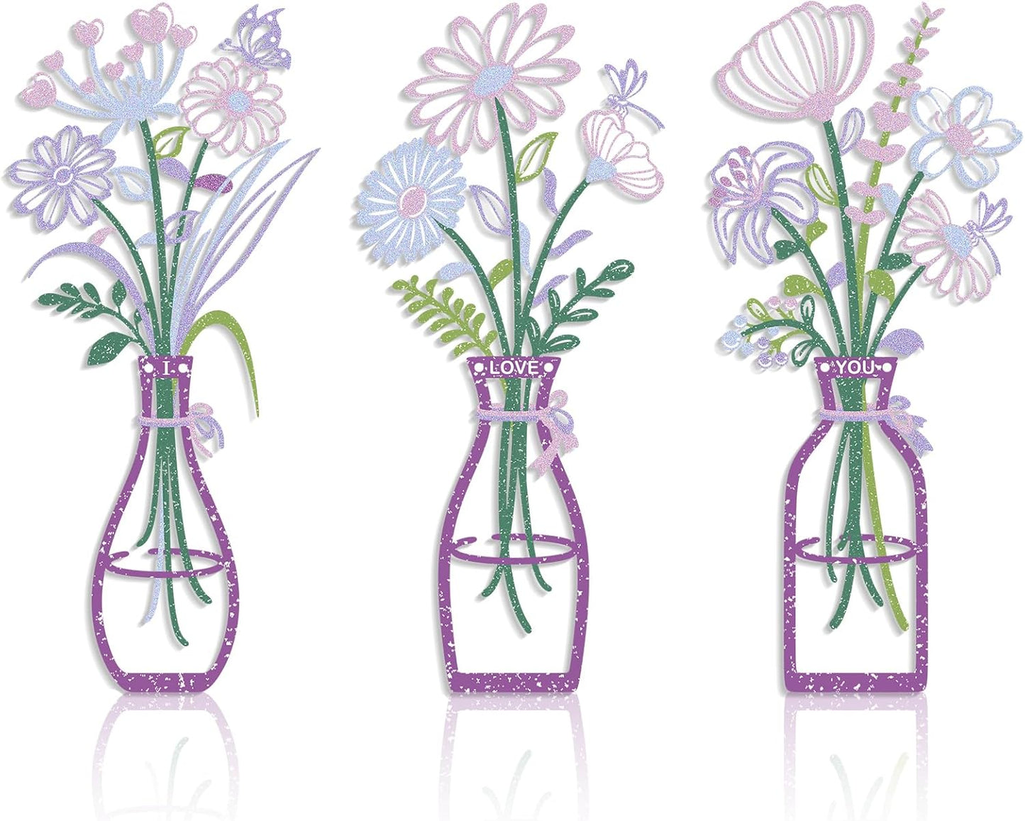 Metal Flower Wall Decor, 3-Piece Purple-Pink Metal Floral and Vase Art, Minimalist Wall Sculptures for Living Room, Bedroom, Bathroom, Kitchen, Lightweight and Easy to Hang