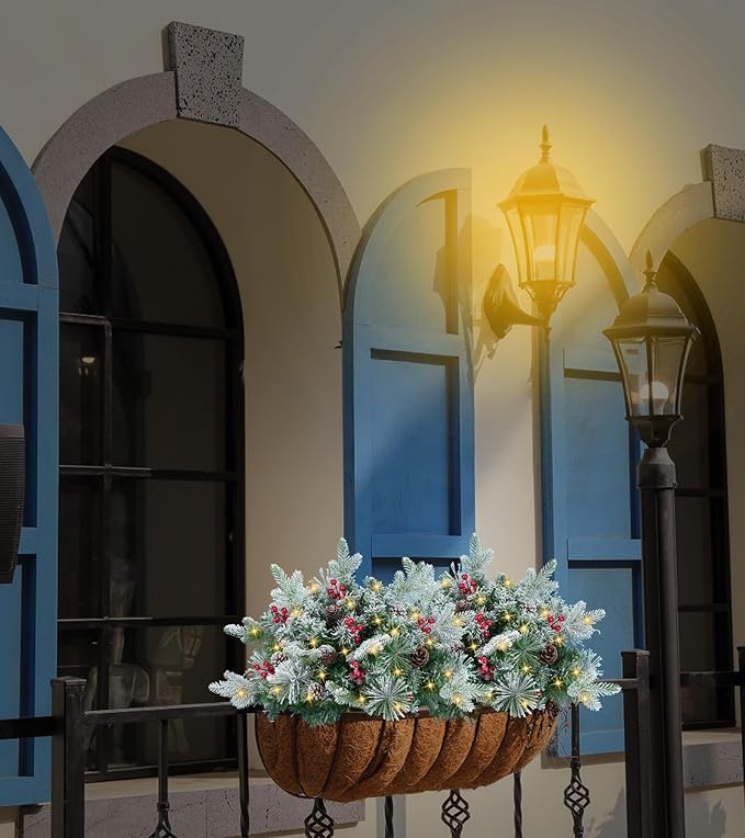 24'' Small Pre-lit Christmas Trees Outdoor Flocked Artificial Christmas Trees with LED Lights Berrys Pinecone Christmas Urn Filler Mini Xmas Tree for Porch & Yard - Set of 2