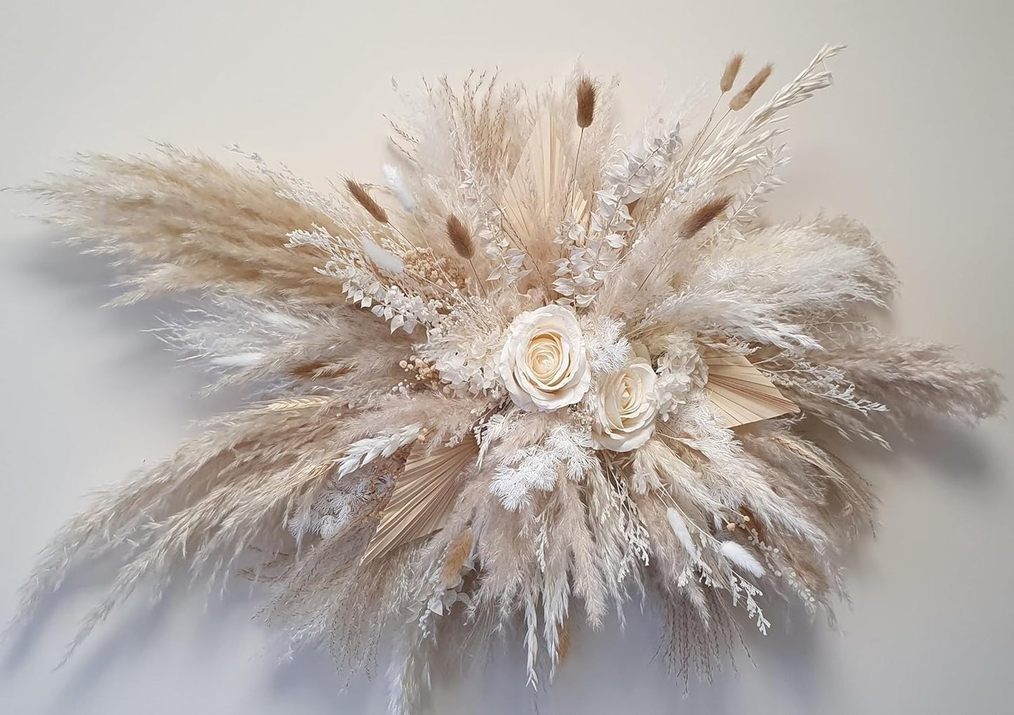 DIY Dried Pampas Wall Decor – Boho Natural Flower Swag with White Roses & Bunny Tails for Wedding Arch or Home Accent(Elegant White Pampas)