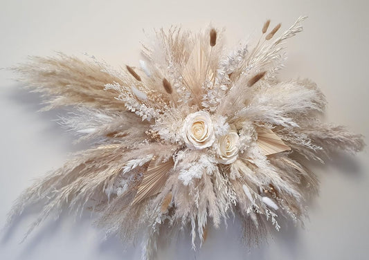 DIY Dried Pampas Wall Decor – Boho Natural Flower Swag with White Roses & Bunny Tails for Wedding Arch or Home Accent(Elegant White Pampas)