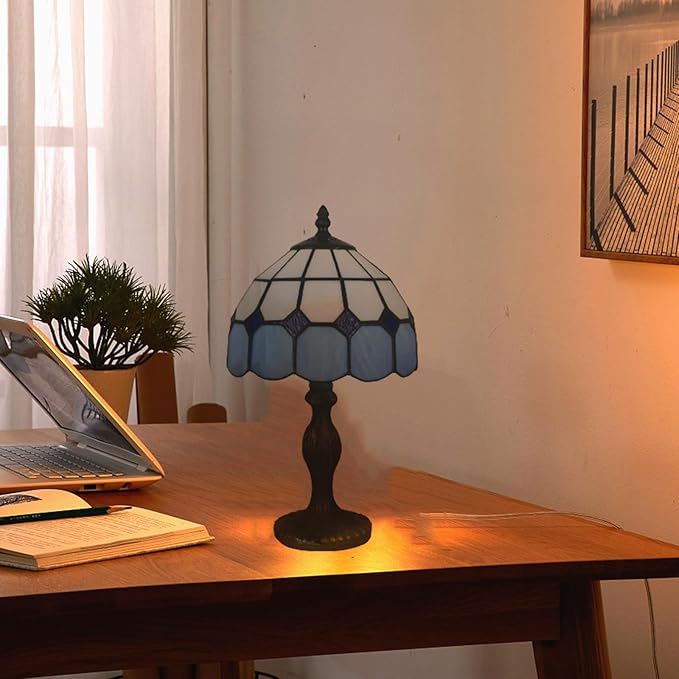 Tiffany Table Lamp 8'', Blue Tiffany Style Table Lamp for Bedroom Study Office Home Stained Glass Lamp