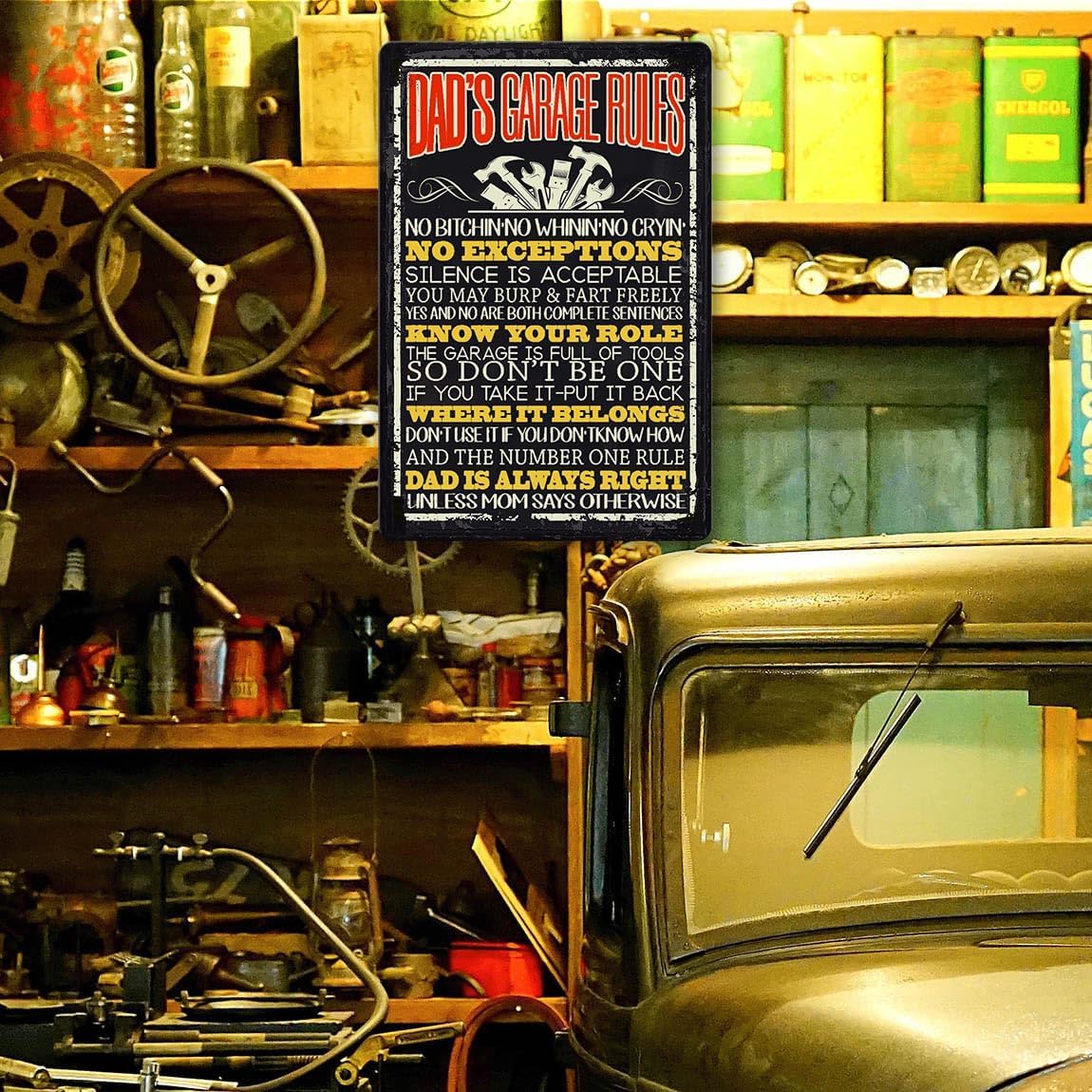 Funny Dad Garage Signs Dad's Garage Rules Sign Man Cave Decor Gifts For Men Dads Garage Metal Tin Signs Garage Accessories Cool Garage Stuff For Men Mechanic Shop Decor 8x12 Inch