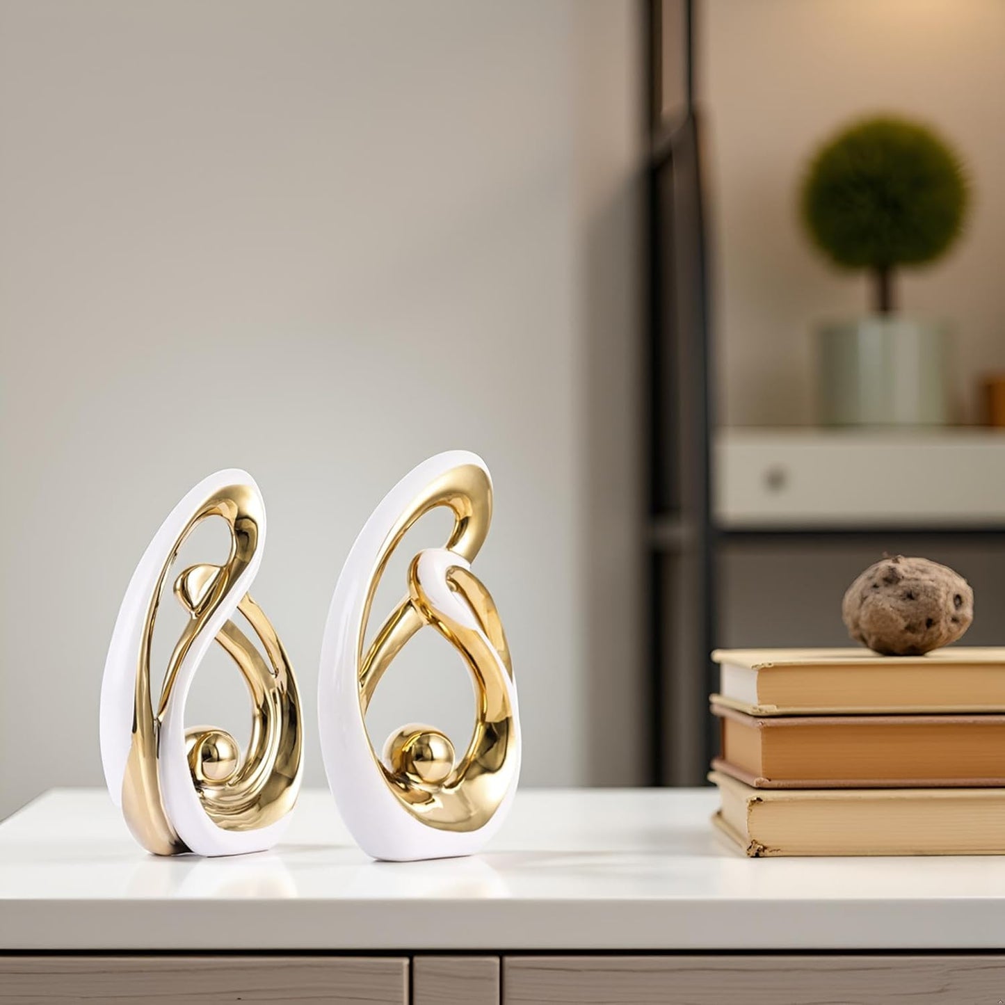 Home Decor Accent,Porcelain Art Mid Century Bookshelf Decorations,Gold Centerpieces for Tables,Abstract Ceramic Statue Sculpture for Coffee Table Mantel Tv Stand Centerpieces (White Gold, Small)