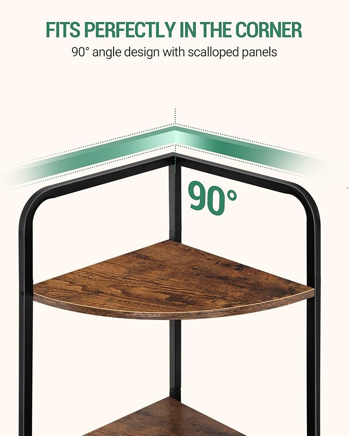 Corner Shelf Stand, Corner Bookshelf, Plant Shelf, Corner Display Rack, Standing Shelf with Metal Frame for Living Room, Bathroom, Kitchen, Industrial Style, 6 Tier Rustic Brown CS06601B