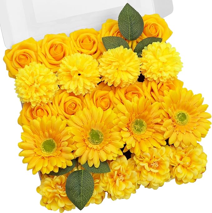 TINGE TIME Artificial Flowers Combo Box Set, Bright Yellow Gradient Color Fake Flower Leaf with Stems for DIY Wedding Bouquets Table Centerpieces Baby Shower Home Party Floral Arrangements Decorations
