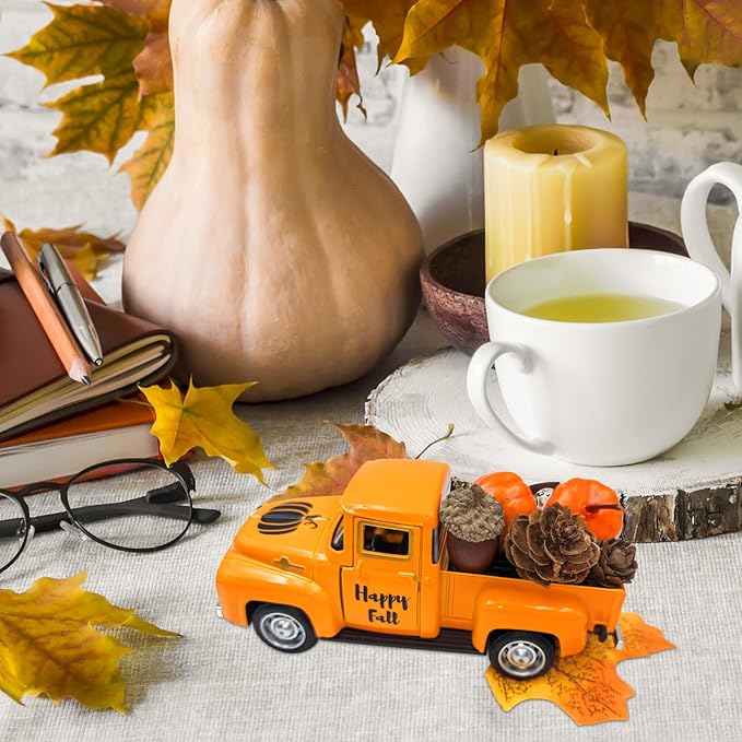 Thanksgiving Fall Decorations Indoor Farmhouse Vintage Metal Truck with Mini Fake Pumpkins Acorn Pine Cones Harvest Decor for Fall Tiered Tray Thanksgiving Centerpieces for Table Home Kitchen Party