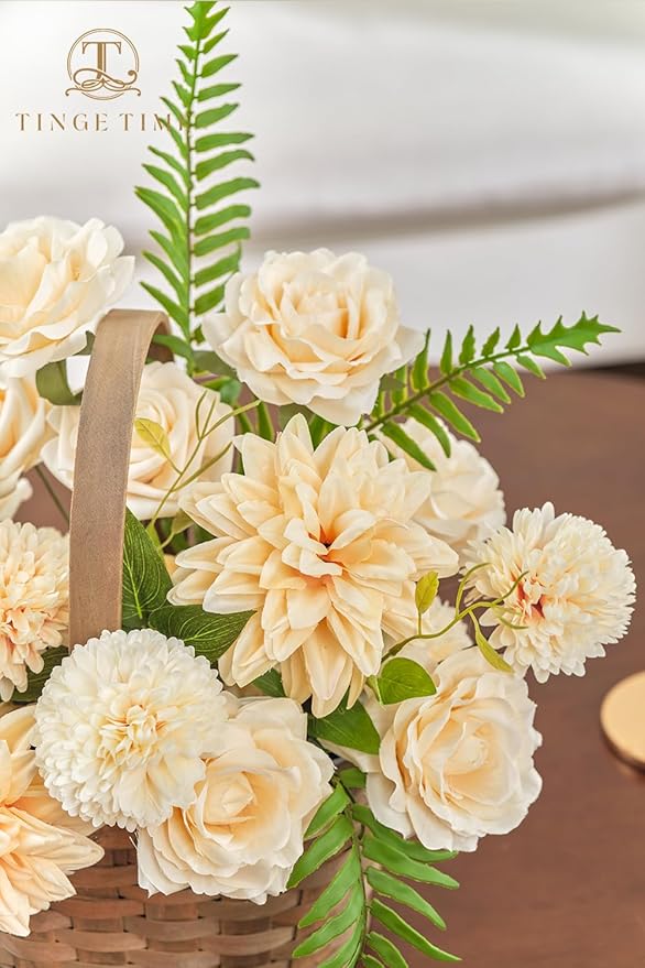 TINGE TIME Champagne Artificial Flowers, Fake Flower Leaf with Stems for DIY Champagne Wedding Bouquets Table Centerpieces Baby Shower Home Party Floral Arrangements Decorations