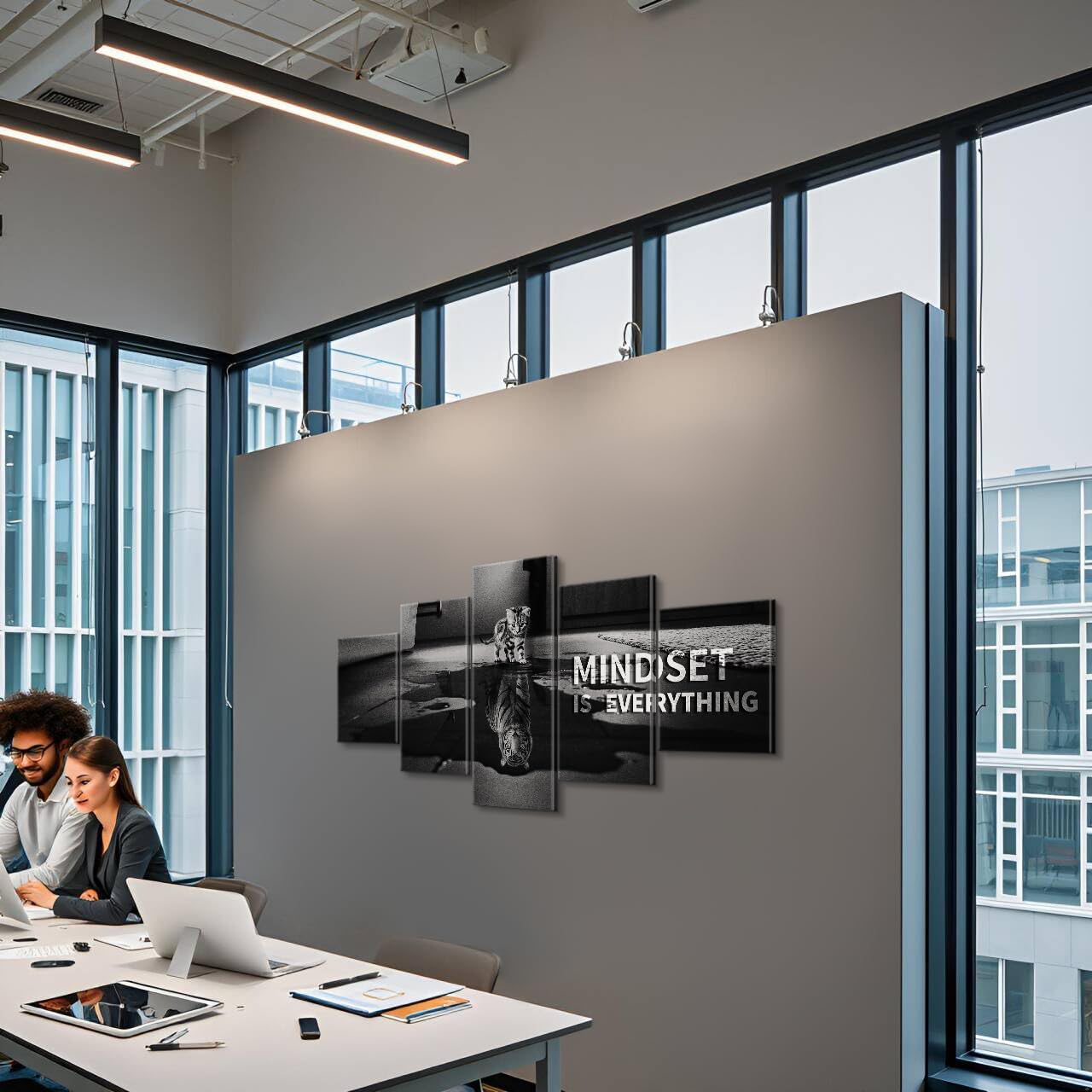 Mindset is Everything 5 Pieces Motivational Tiger Wall Art with Wooden Frame, Inspirational Quotes Poster for Office & Home Decor, Modern Motivational Wall Decor, Positive Office Art (50''W x 24''H)