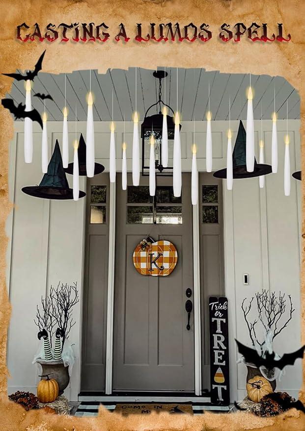 22 PCs Floating Candles with Wand Remote, Halloween Decorations Floating LED Taper Candles, Flickering Flameless Hanging Window Candles, 6.1" Magical Electric White Battery Operated