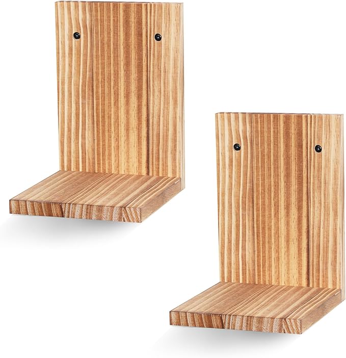 Small Wall Shelf,L-Shaped Small Floating Shelves for Plants Speaker Table Lamp Display,Wooden Ledges Indoor Modern Midcentury Decorative for Gallery Living Room Porch,Pine,2 Pack（Carbonized Brown）